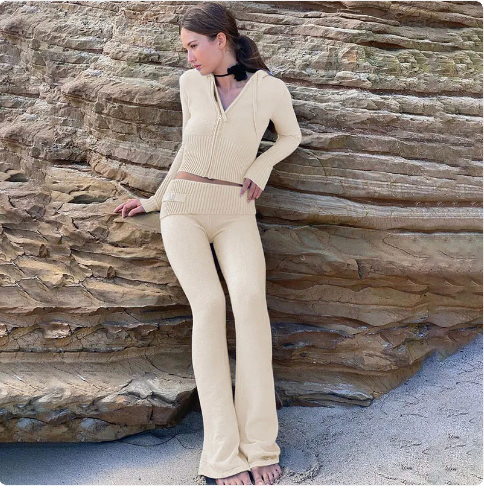 Women’s 2-Piece Knitted Hooded Set - Long-Sleeve Cardigan & High-Waist Trousers Creole-boutique