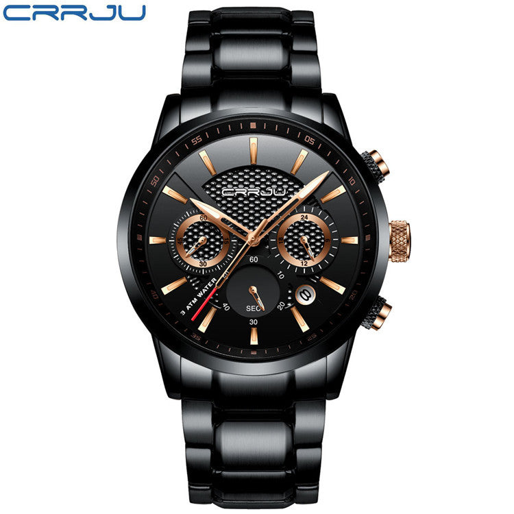 Stylish Men's Black Gold Steel Sports Watch with 3 Dials
