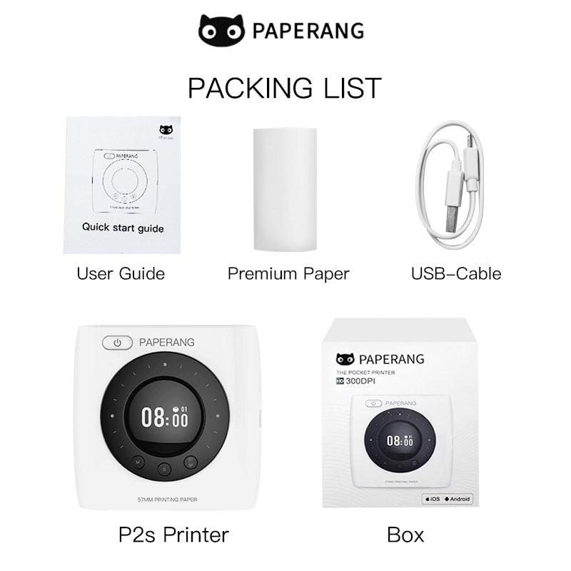 PAPERANG P2S 300dpi BT Pocket Printer Wireless Thermal Printer Portable Photo Label Clock Function Sticker Thermal Paper Roll Creole-boutique