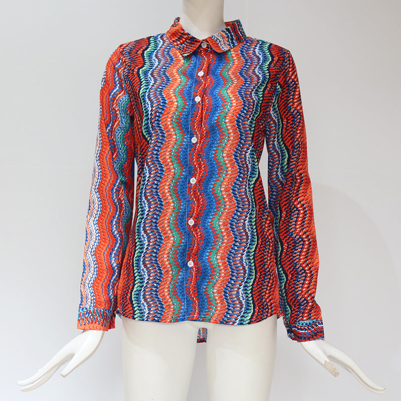 Chemise à manches longues en mousseline de soie rayée pour femme