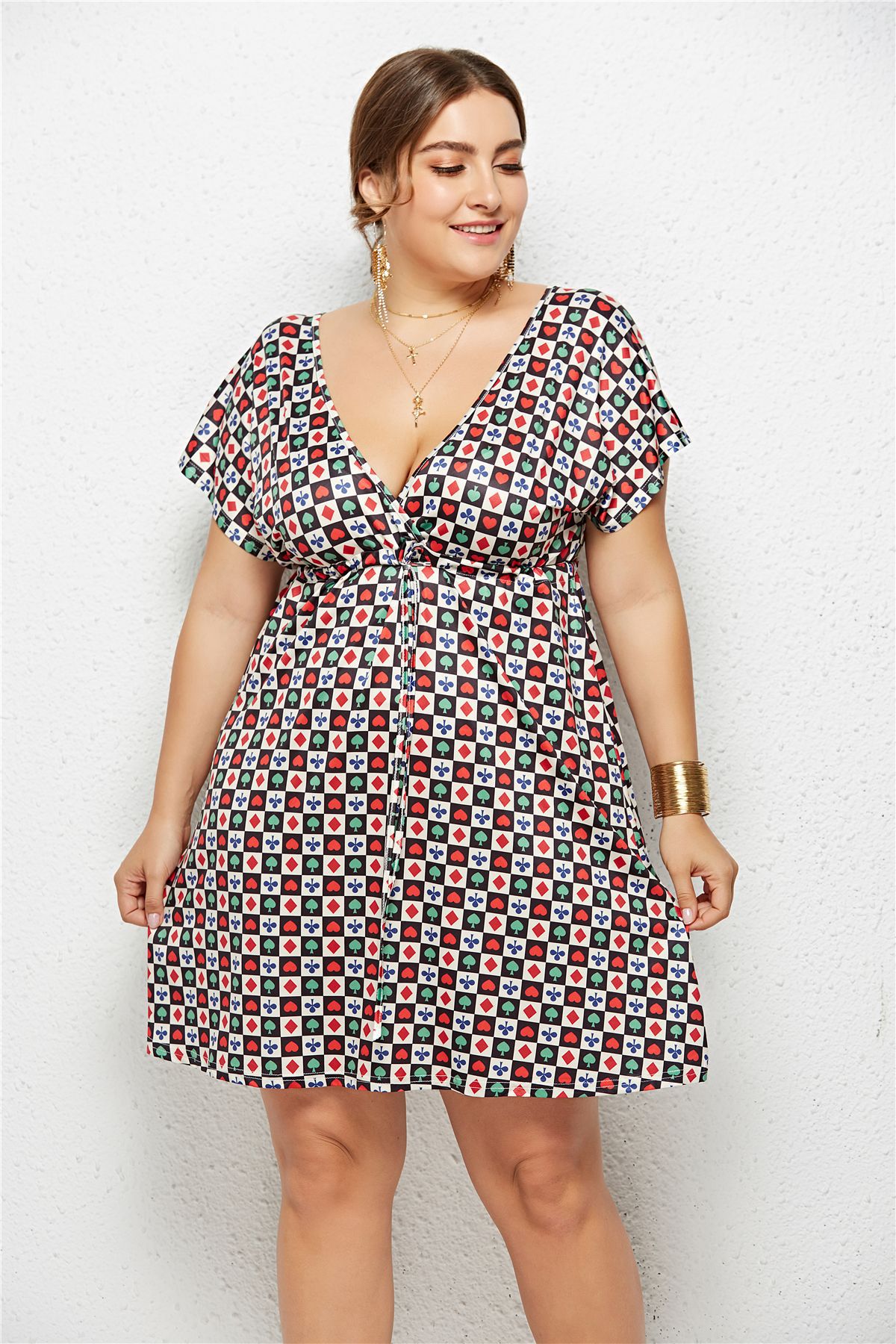 Printed Deep V-Neck Dress with Elastic Waist Creole-boutique