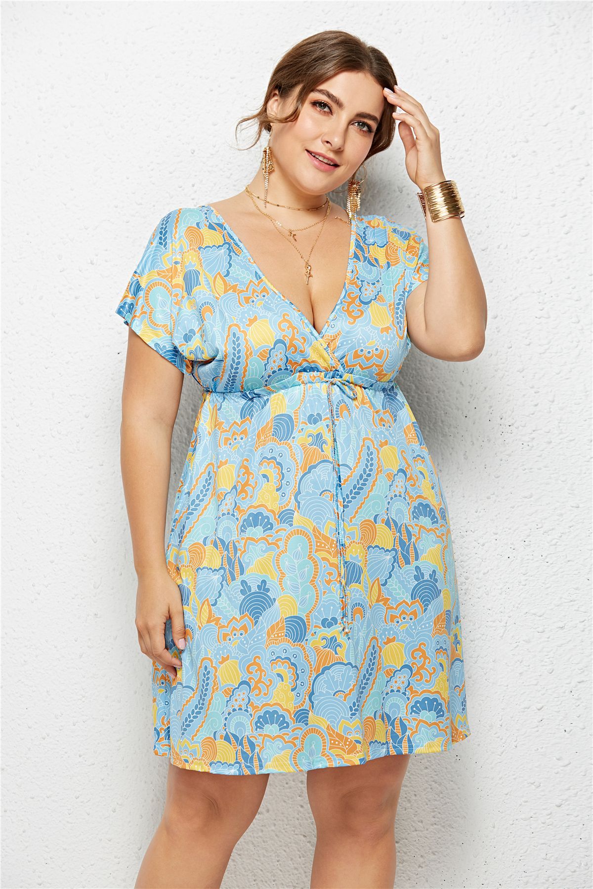 Printed Deep V-Neck Dress with Elastic Waist Creole-boutique