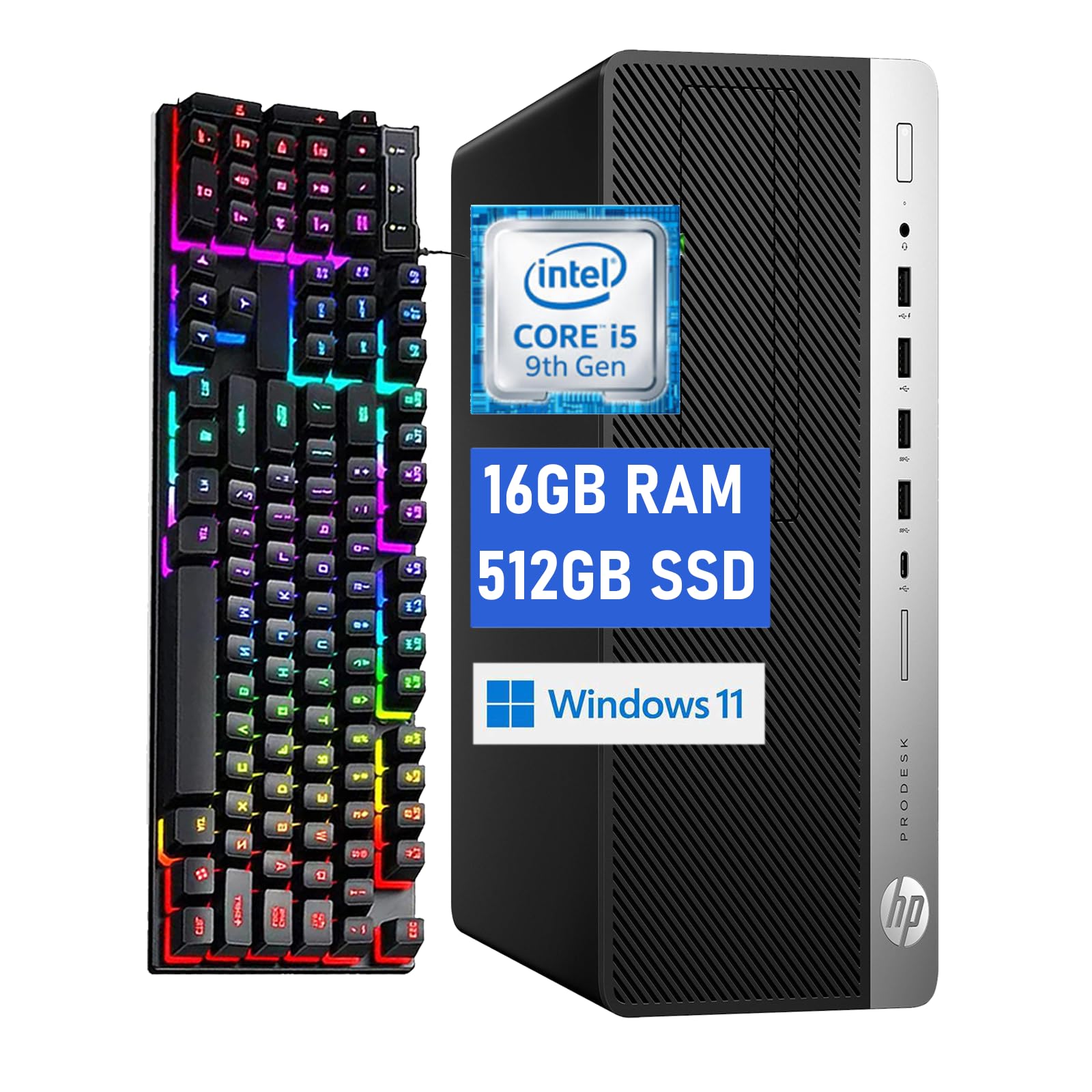 HP ProDesk 600G5 SFF Desktop Computer PC 600G5 Computer Core 9th 16GB RAM 512GB Solid State Drive RGB Keyboard Internal WiFi Windows 11 (Renewed)