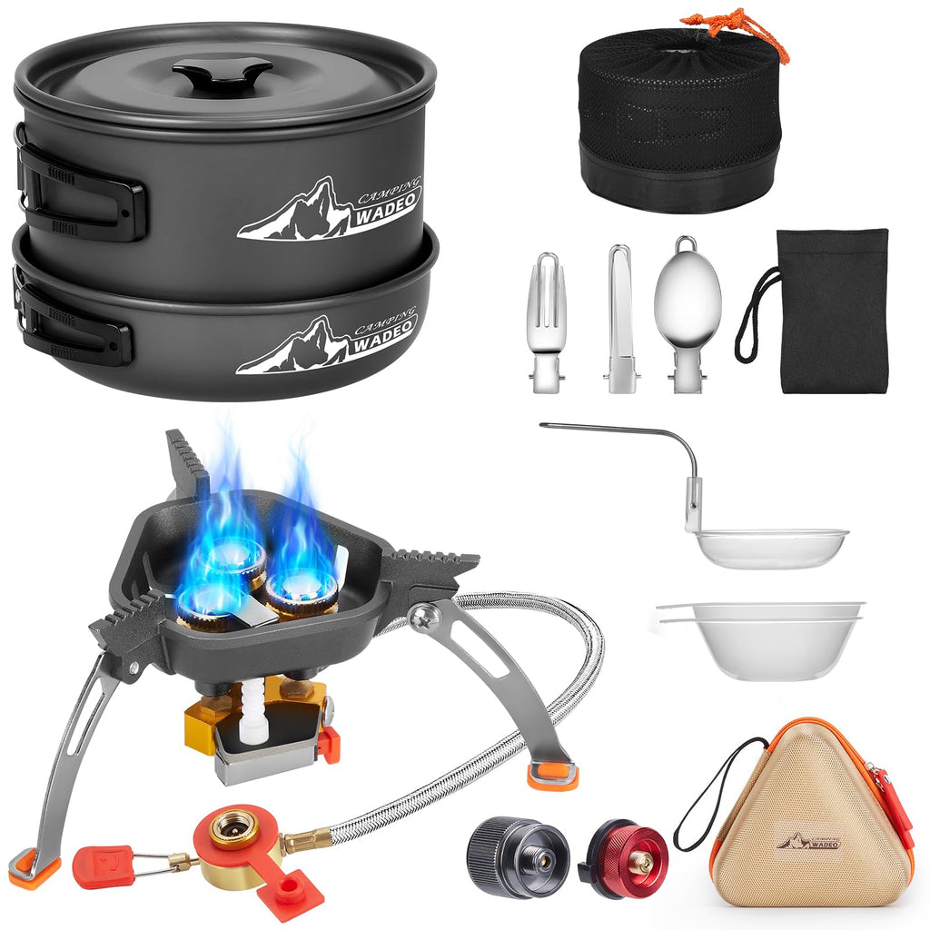 WADEO Camping Cookware Mess Kit with 7200W Camping Stove 14-Piece Non-Stick Camping Pot Pan Set with Stainless Steel Fork Knife Spoon for Camping Backpacking Hiking Outdoor Cooking and Picnics
