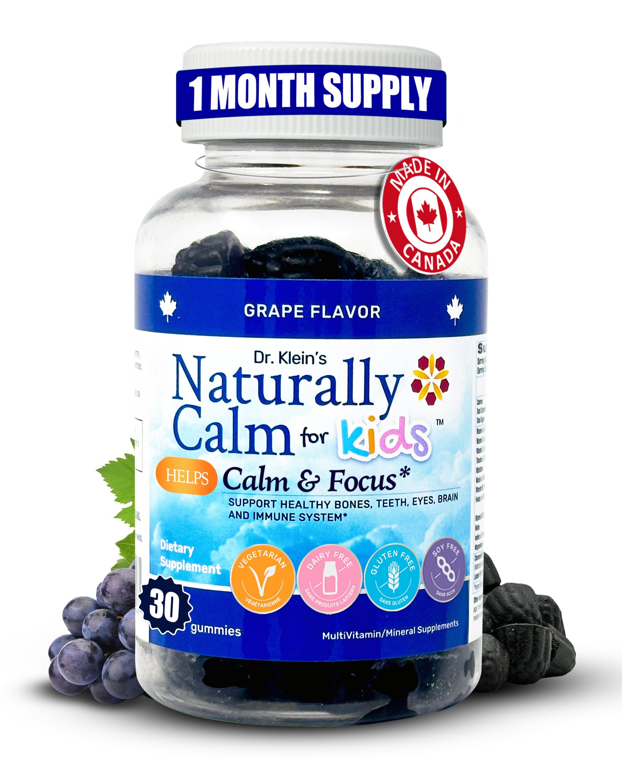 Dr. Klein's Naturally Calm Gummies for Kids - Chamomile, Linden & Magnesium for Soothing Kids Ages 5+ Vitamins to Aid Sleep - Magnesium Gummies for Kids - Calm Chews for Kids - Grape Sugar-Free 30ct