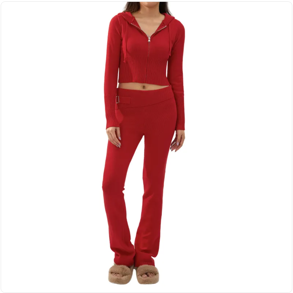 Women’s 2-Piece Knitted Hooded Set - Long-Sleeve Cardigan & High-Waist Trousers Creole-boutique