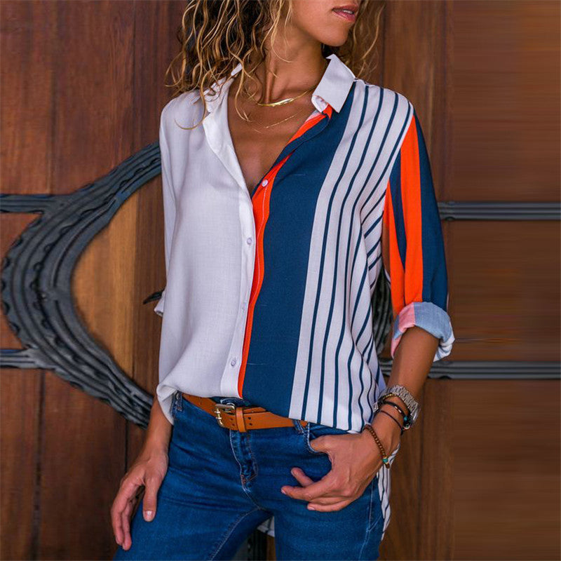 Chemise à manches longues en mousseline de soie rayée pour femme