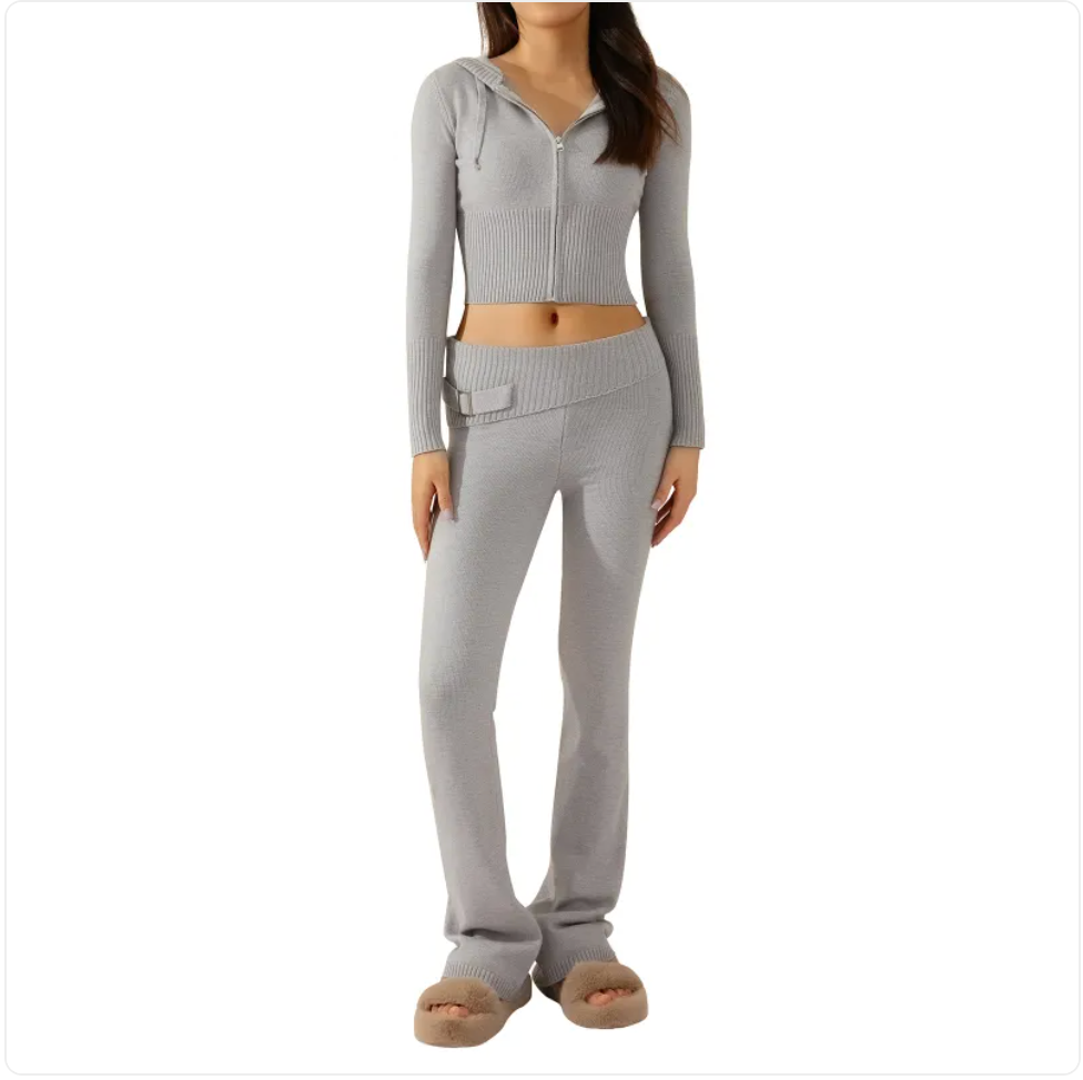 Women’s 2-Piece Knitted Hooded Set - Long-Sleeve Cardigan & High-Waist Trousers Creole-boutique
