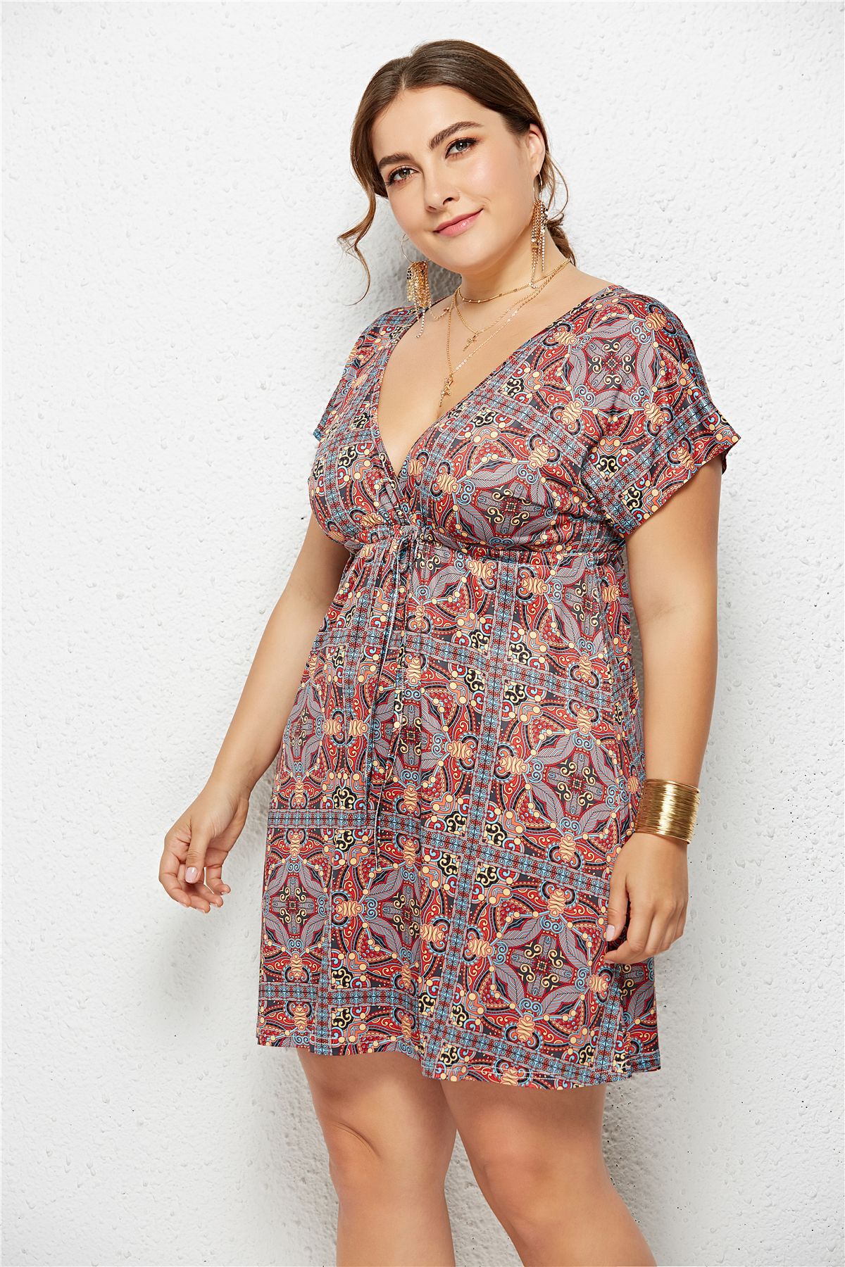 Printed Deep V-Neck Dress with Elastic Waist Creole-boutique