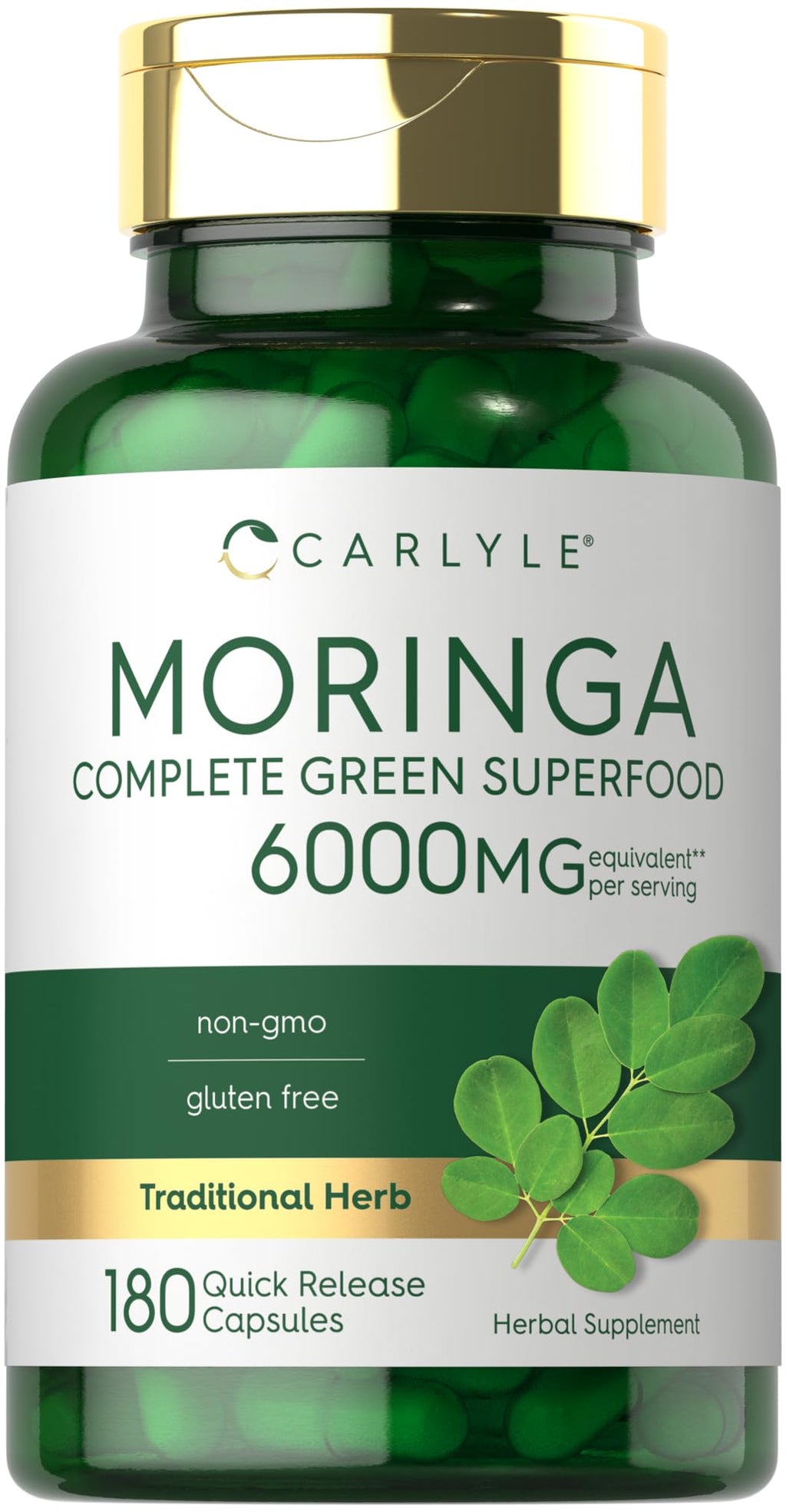 Carlyle Moringa Oleifera | 180 Capsules | Non-GMO and Gluten-Free Supplement | Complete Green Superfood | from Moringa Leaf Powder