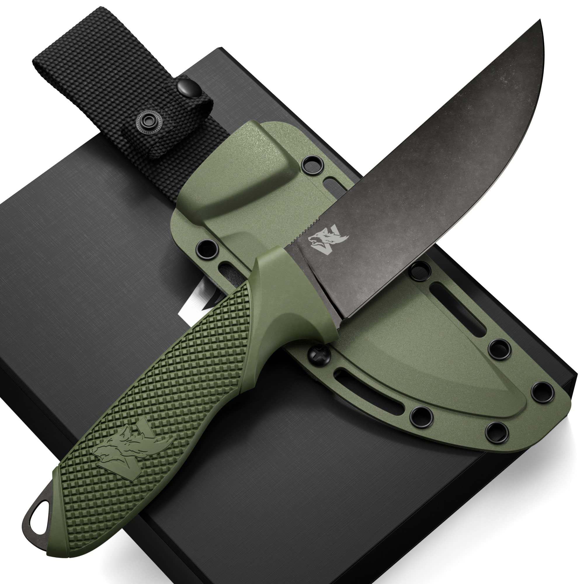 ODENWOLF W-FLAT Full Tang Survival Knife with Sheath - Stylish Tactical Fixed Blade Knife - Made of D2 Steel - Bushcraft and Camping Knife Survival - Perfect EDC Hunting Knife with TPE Handle Creole-boutique