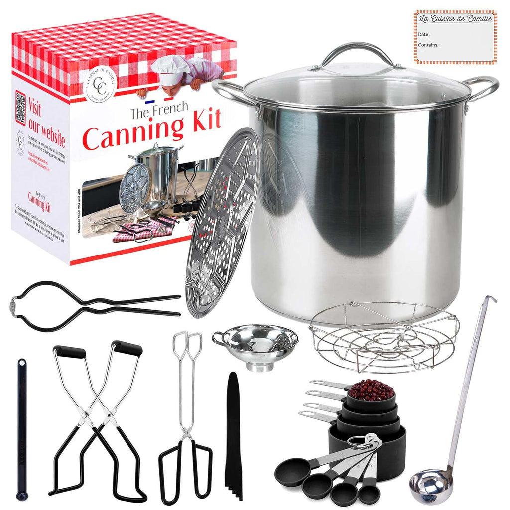 Canning pot with rack and lid - Water bath canner for canning - Complete premium canning kit with large 21.5 Qt 304 stainless steel pot - The French canning kit by La Cuisine de Camille