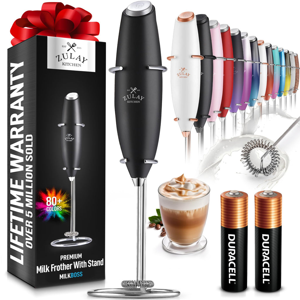 Zulay Kitchen Powerful Milk Frother Wand With 2 Duracell Batteries - Ultra Fast Handheld Drink Mixer - Electric Whisk Foam Maker for Coffee Lattes Cappuccino Matcha Hot Chocolate & Creamer - Black Creole-boutique