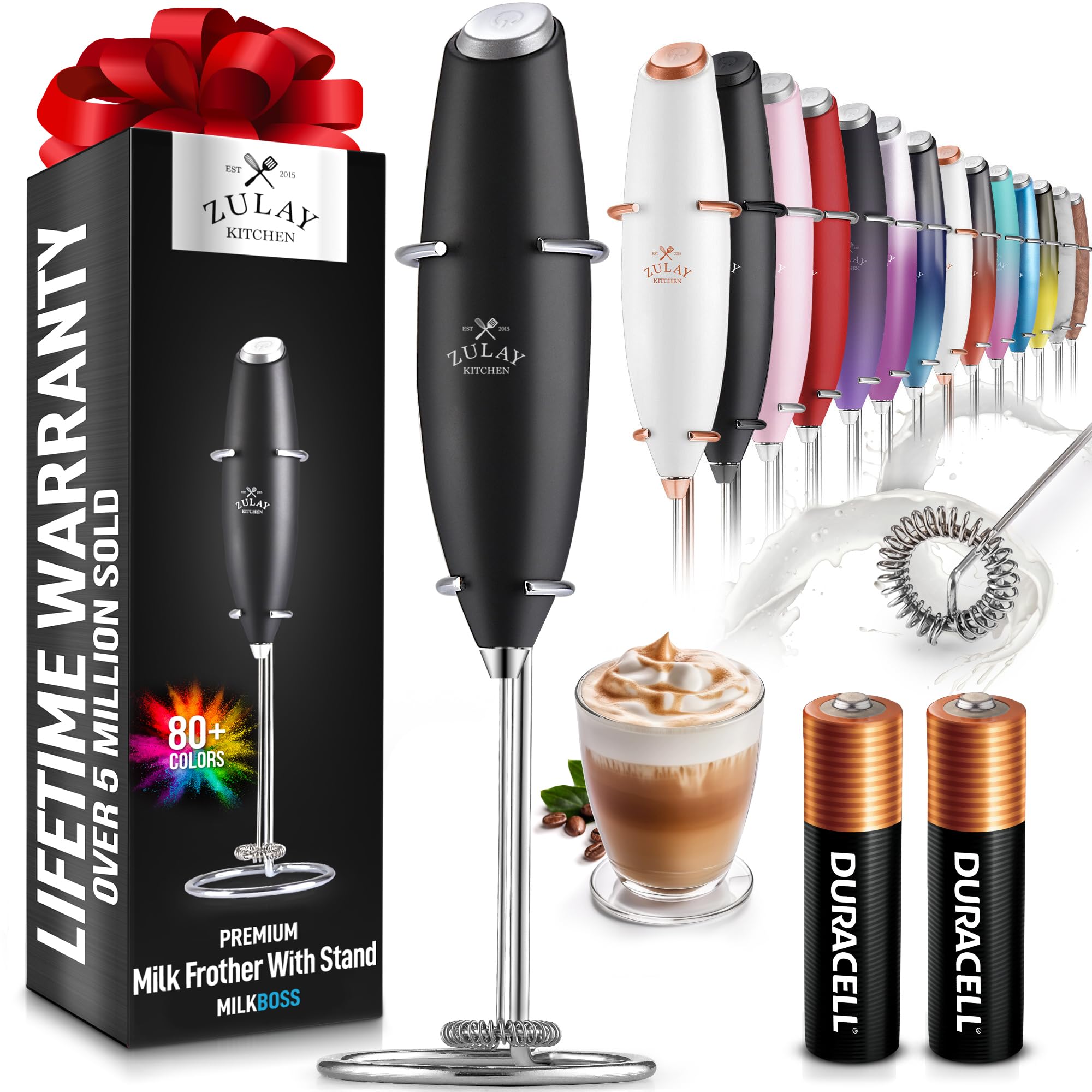 Zulay Kitchen Powerful Milk Frother Wand With 2 Duracell Batteries - Ultra Fast Handheld Drink Mixer - Electric Whisk Foam Maker for Coffee Lattes Cappuccino Matcha Hot Chocolate & Creamer - Black Creole-boutique