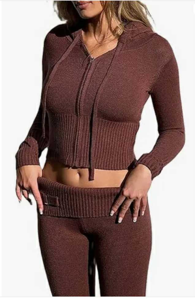 Women’s 2-Piece Knitted Hooded Set - Long-Sleeve Cardigan & High-Waist Trousers Creole-boutique