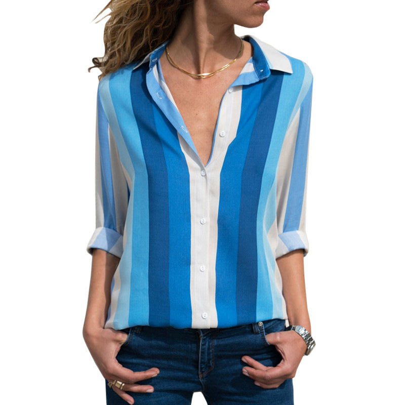 Chemise à manches longues en mousseline de soie rayée pour femme