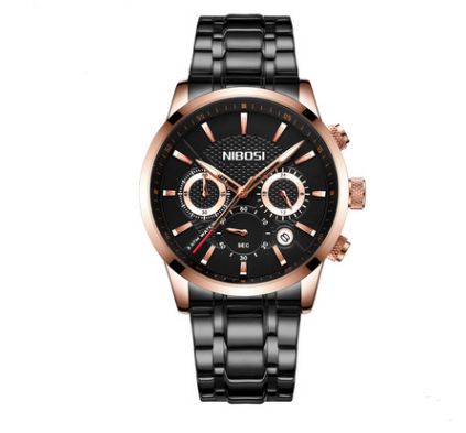 Stylish Men's Black Gold Steel Sports Watch with 3 Dials