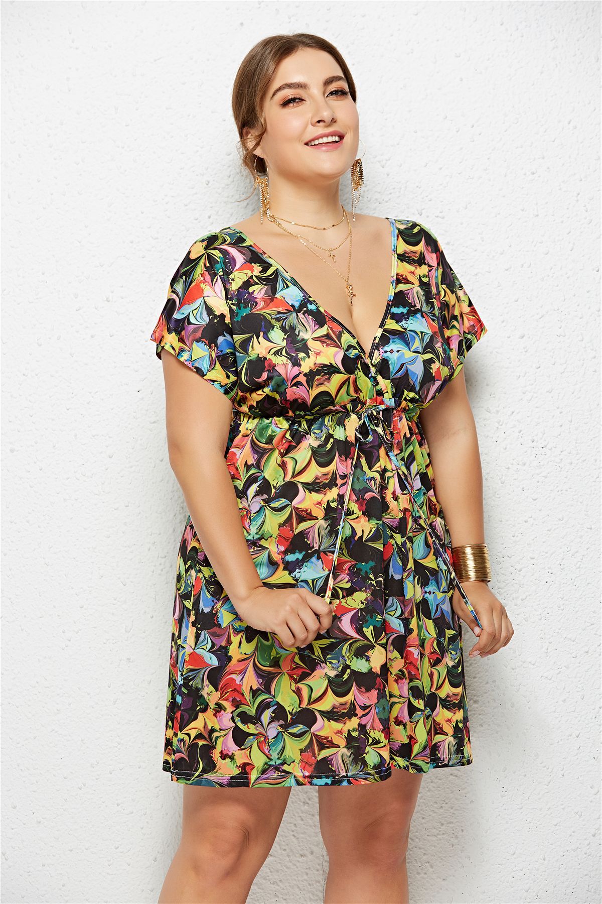Printed Deep V-Neck Dress with Elastic Waist Creole-boutique