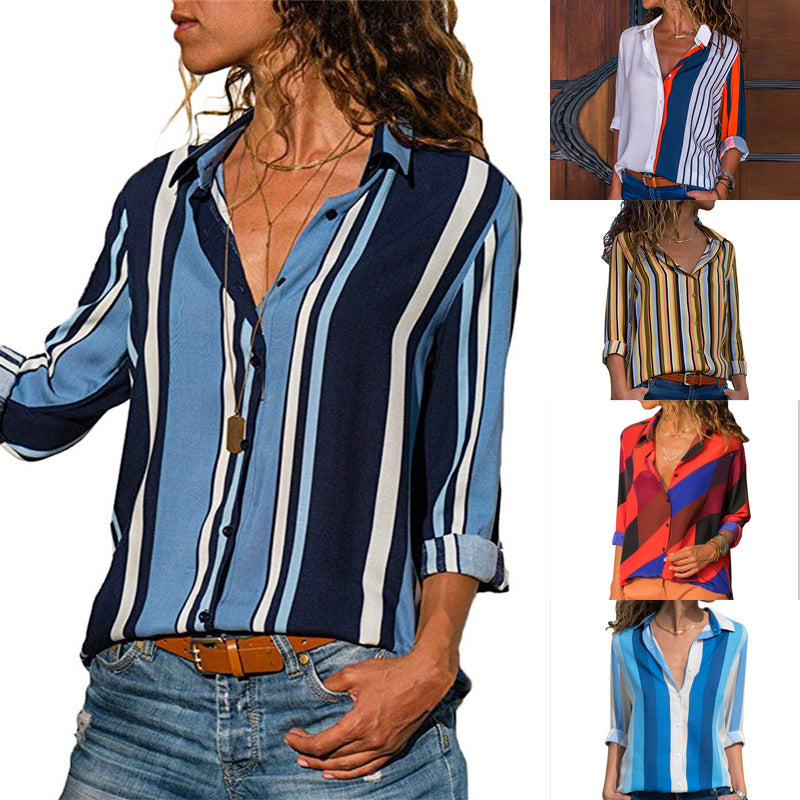 Chemise à manches longues en mousseline de soie rayée pour femme