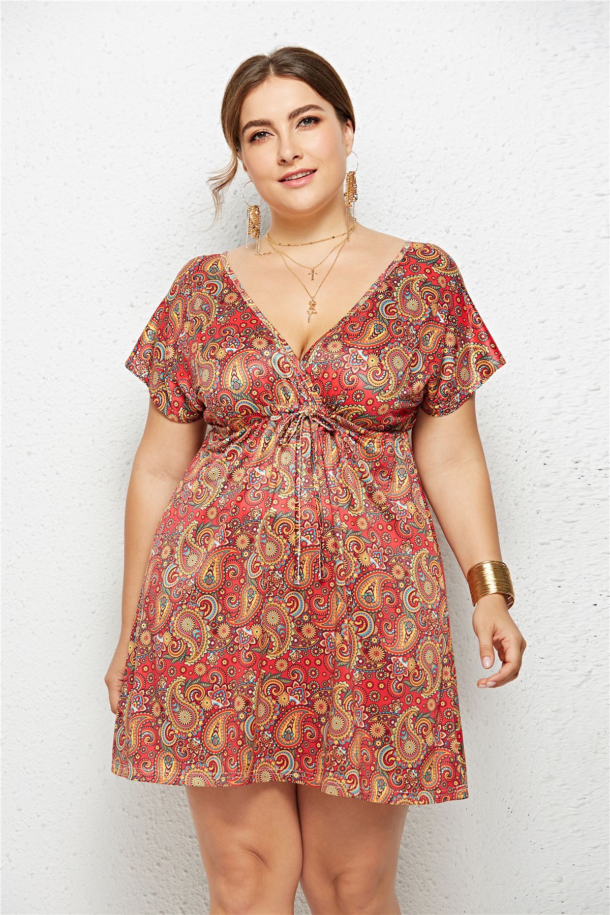 Printed Deep V-Neck Dress with Elastic Waist Creole-boutique