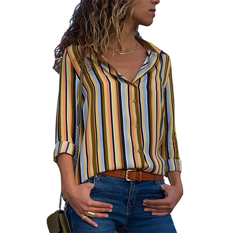 Chemise à manches longues en mousseline de soie rayée pour femme