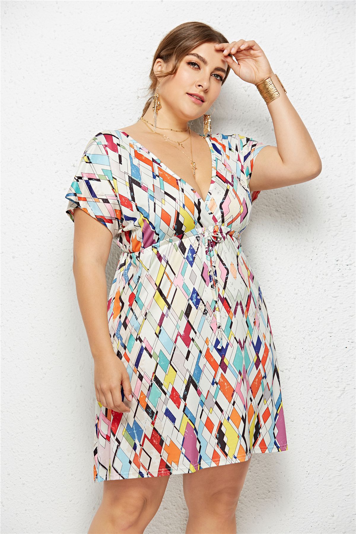 Printed Deep V-Neck Dress with Elastic Waist Creole-boutique