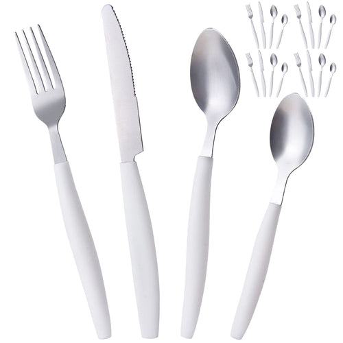 ALPINE CUISINE Flatware Set 16 Piece Service for 4 Stainless Steel Flatware Cutlery Set Includes Dinner Knives/Forks/Spoons - Great for Camping or College Dorms - Dishwasher Safe - White