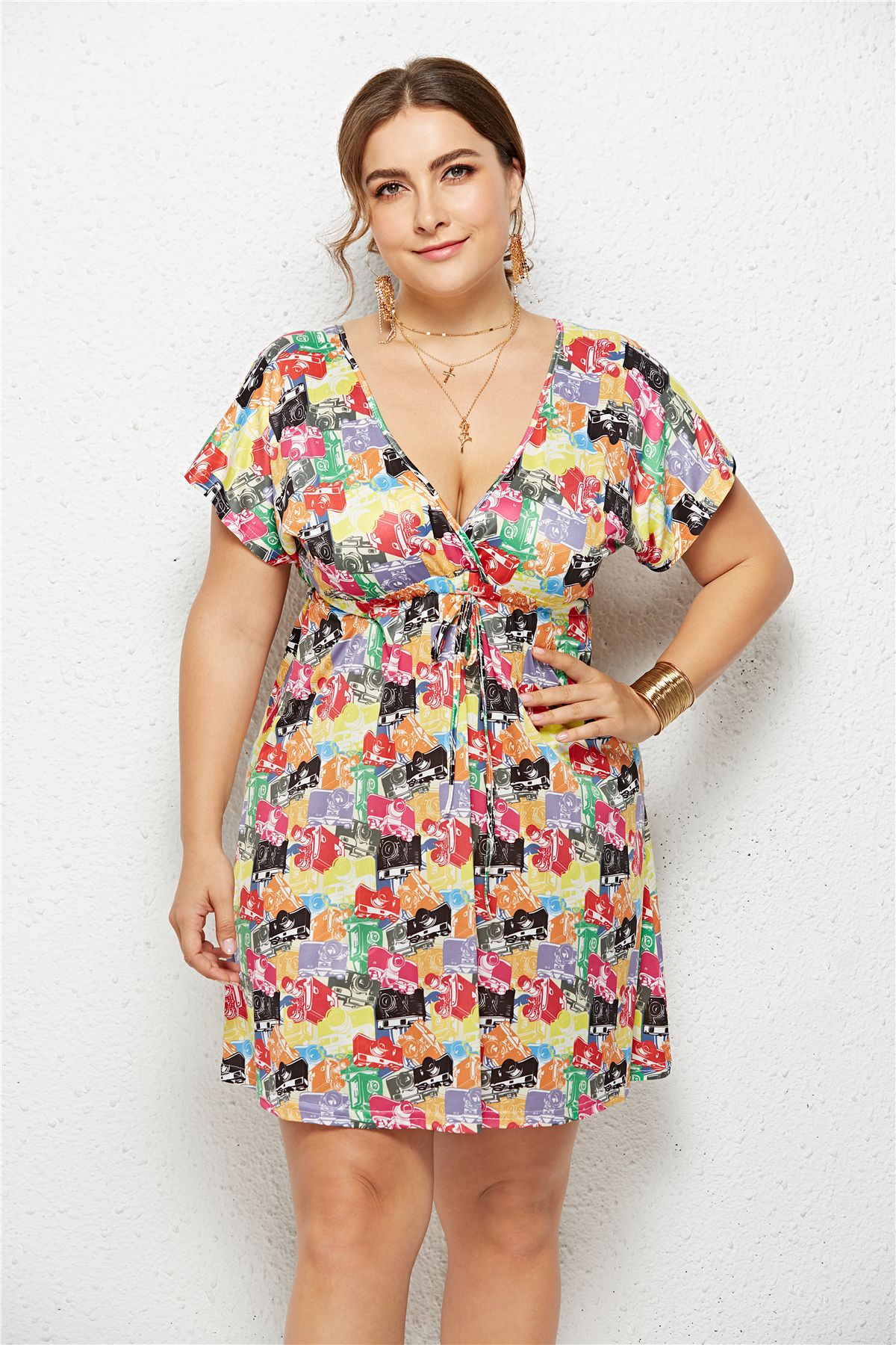 Printed Deep V-Neck Dress with Elastic Waist Creole-boutique
